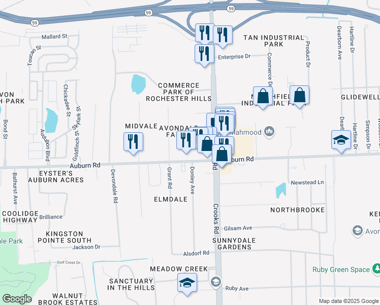 map of restaurants, bars, coffee shops, grocery stores, and more near 2950 Crooks Road in Rochester Hills