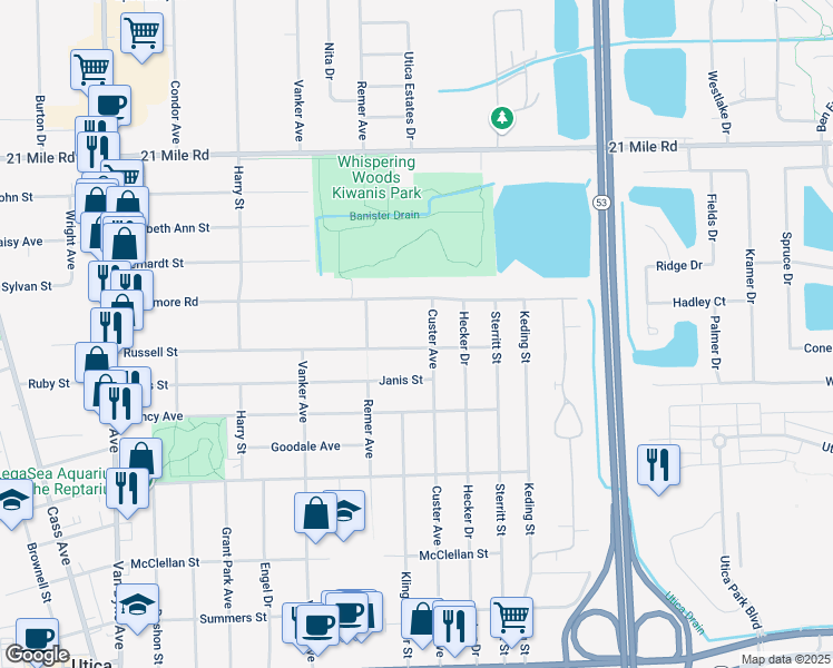 map of restaurants, bars, coffee shops, grocery stores, and more near 46287 Custer Avenue in Utica