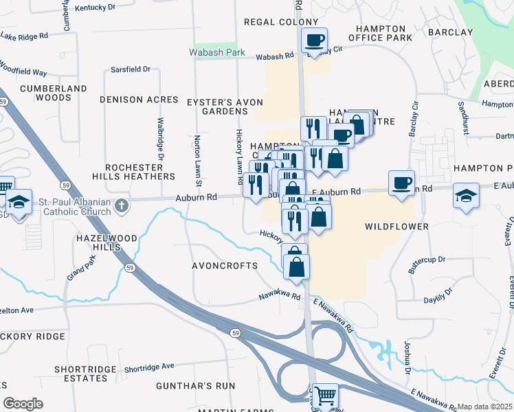 map of restaurants, bars, coffee shops, grocery stores, and more near 151 West Auburn Road in Rochester Hills
