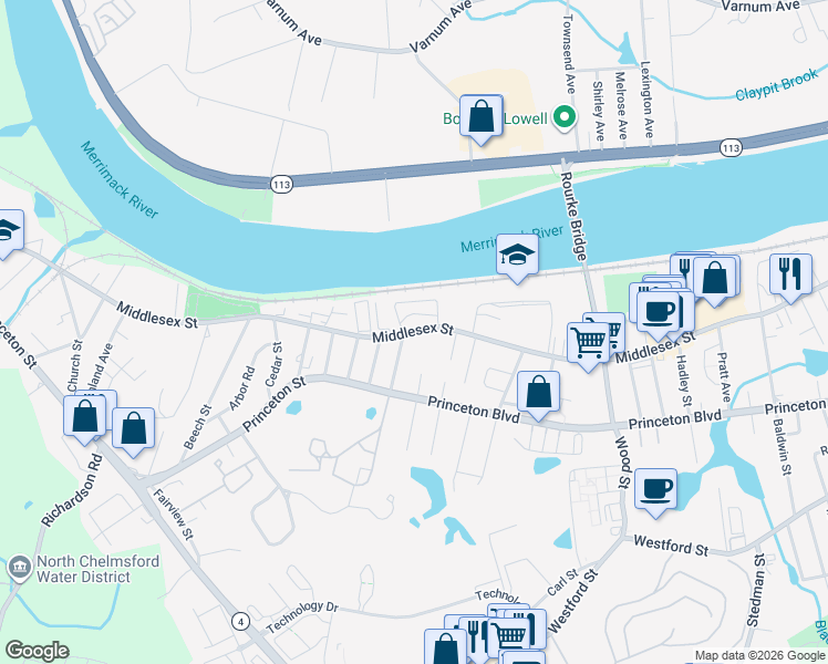 map of restaurants, bars, coffee shops, grocery stores, and more near 1990 Middlesex Street in Lowell