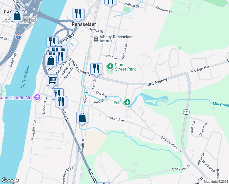 map of restaurants, bars, coffee shops, grocery stores, and more near 143 2nd Avenue in Rensselaer