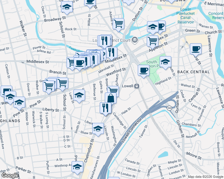 map of restaurants, bars, coffee shops, grocery stores, and more near 35 Royal Street in Lowell