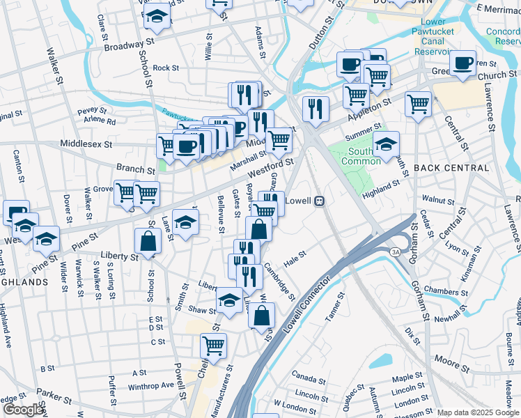 map of restaurants, bars, coffee shops, grocery stores, and more near 35 Royal Street in Lowell