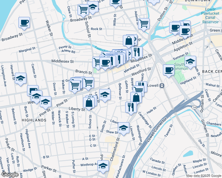 map of restaurants, bars, coffee shops, grocery stores, and more near 176 Westford Street in Lowell