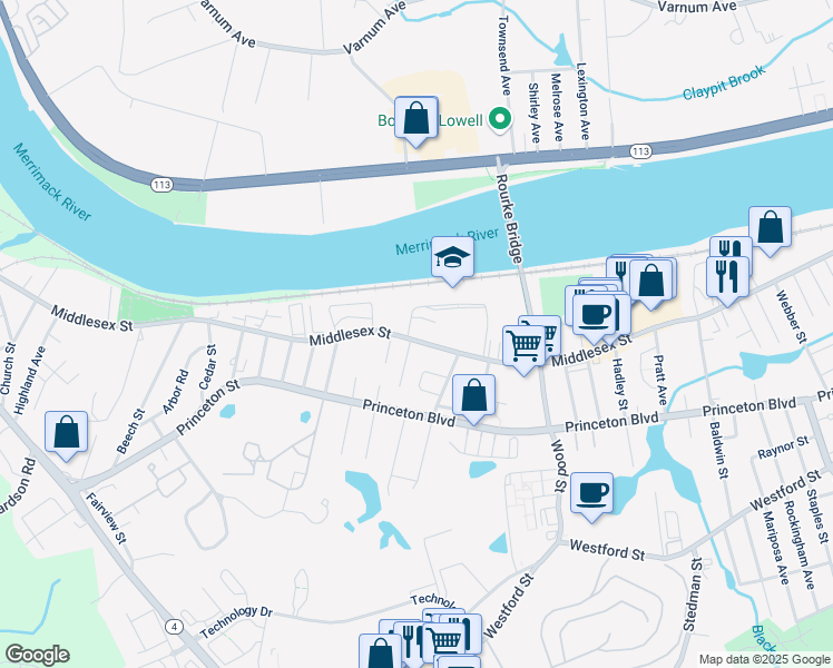 map of restaurants, bars, coffee shops, grocery stores, and more near 1949 Middlesex Street in Lowell