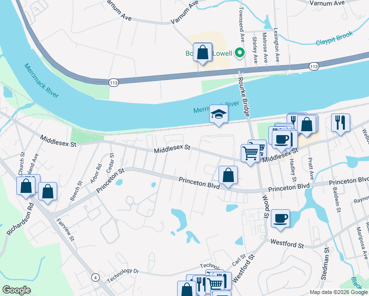 map of restaurants, bars, coffee shops, grocery stores, and more near 1975 Middlesex Street in Lowell