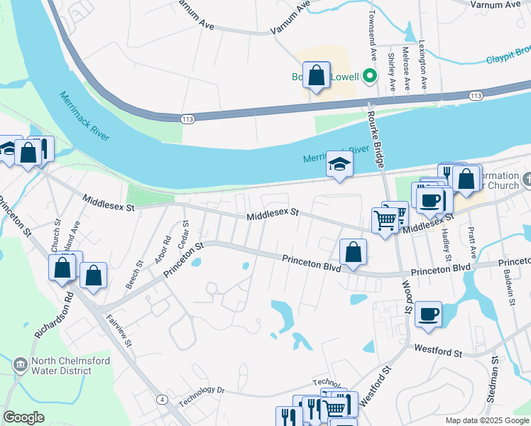 map of restaurants, bars, coffee shops, grocery stores, and more near 190 Middlesex Street in Chelmsford