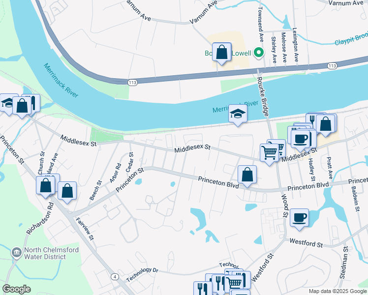 map of restaurants, bars, coffee shops, grocery stores, and more near 190 Middlesex Street in Chelmsford