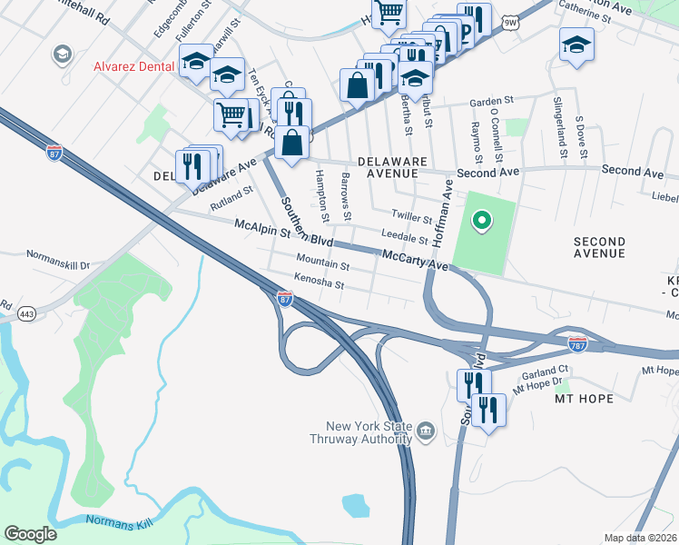 map of restaurants, bars, coffee shops, grocery stores, and more near 341 Mountain Street in Albany