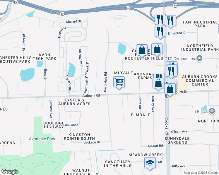 map of restaurants, bars, coffee shops, grocery stores, and more near 2905 Devondale Road in Rochester Hills