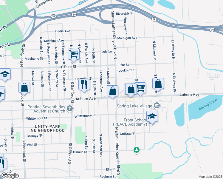 map of restaurants, bars, coffee shops, grocery stores, and more near 77 South Marshall Street in Pontiac