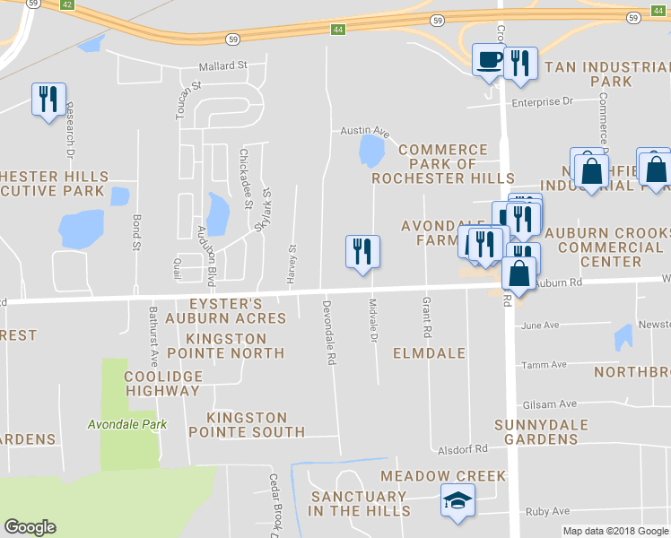 map of restaurants, bars, coffee shops, grocery stores, and more near 2969 Devondale Road in Rochester