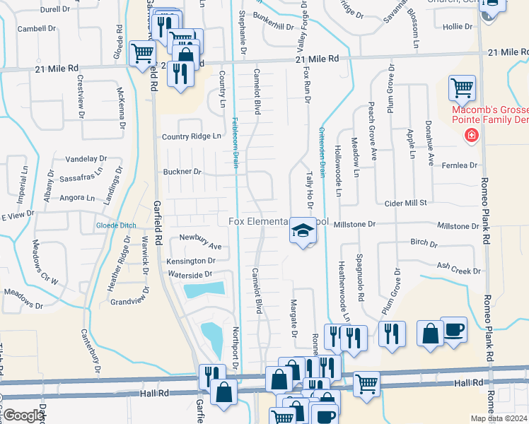 map of restaurants, bars, coffee shops, grocery stores, and more near 17122 Oliver Drive in Macomb