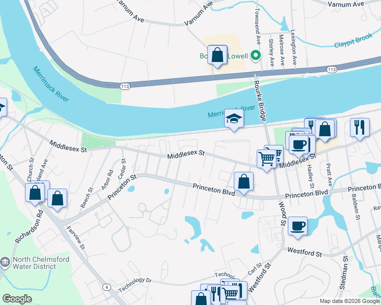 map of restaurants, bars, coffee shops, grocery stores, and more near 1975 Middlesex Street in Lowell