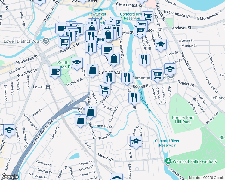 map of restaurants, bars, coffee shops, grocery stores, and more near 5 Hudson Street in Lowell