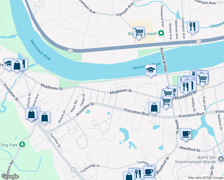 map of restaurants, bars, coffee shops, grocery stores, and more near 190 Middlesex Street in Chelmsford