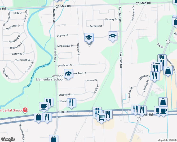 map of restaurants, bars, coffee shops, grocery stores, and more near 23581 Harrellson Street in Macomb