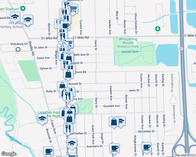 map of restaurants, bars, coffee shops, grocery stores, and more near 46261 Harry Street in Macomb County