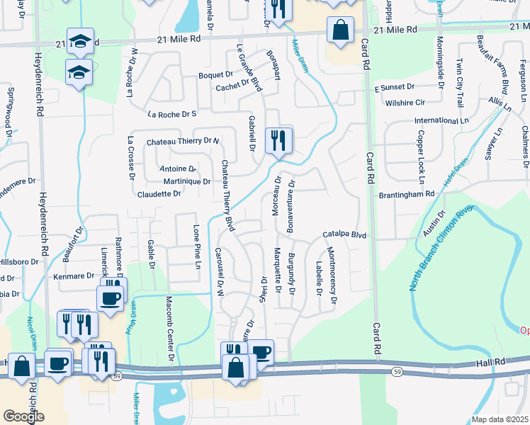 map of restaurants, bars, coffee shops, grocery stores, and more near 45800 La Prairie Circle in Macomb