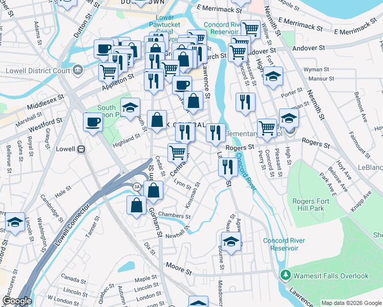 map of restaurants, bars, coffee shops, grocery stores, and more near 5 Hudson Street in Lowell