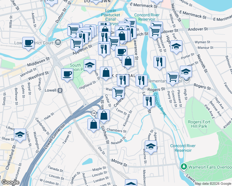 map of restaurants, bars, coffee shops, grocery stores, and more near 52 Walnut Street in Lowell