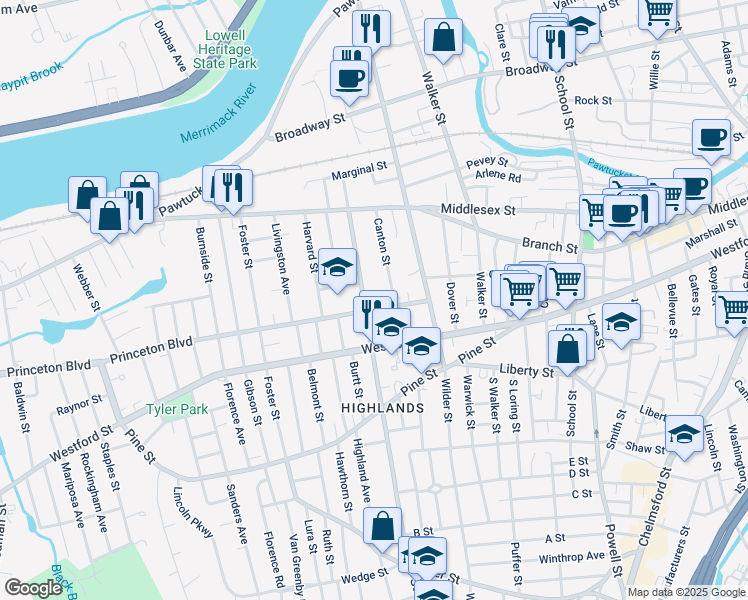 map of restaurants, bars, coffee shops, grocery stores, and more near 134 Stevens Street in Lowell