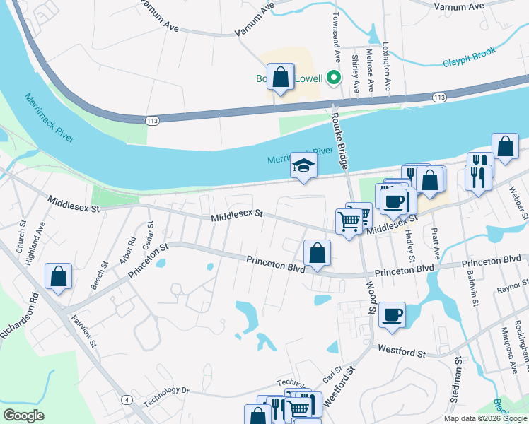 map of restaurants, bars, coffee shops, grocery stores, and more near 1949 Middlesex Street in Lowell