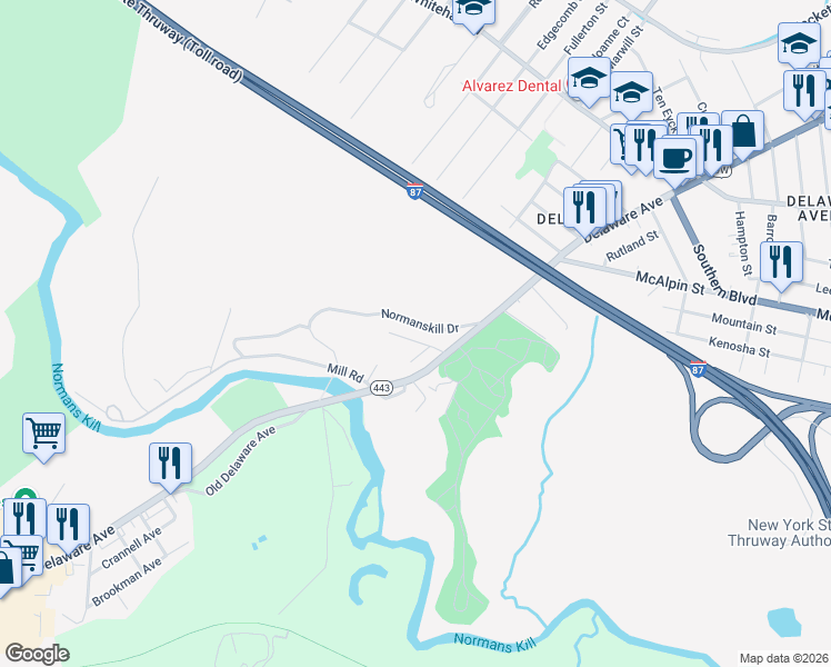 map of restaurants, bars, coffee shops, grocery stores, and more near 11 Golder Street in Albany