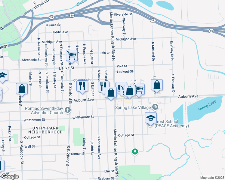 map of restaurants, bars, coffee shops, grocery stores, and more near 77 South Marshall Street in Pontiac