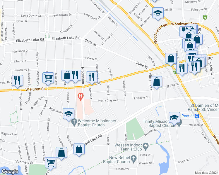 map of restaurants, bars, coffee shops, grocery stores, and more near 353 West Huron Street in Pontiac