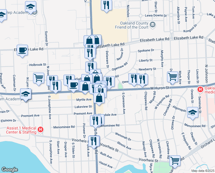 map of restaurants, bars, coffee shops, grocery stores, and more near 19 Mohawk Road in Pontiac