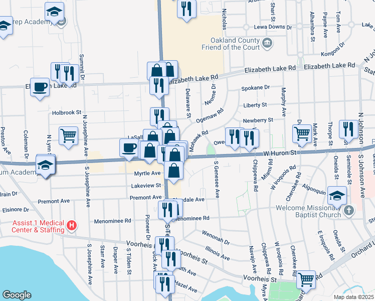 map of restaurants, bars, coffee shops, grocery stores, and more near 19 Mohawk Road in Pontiac