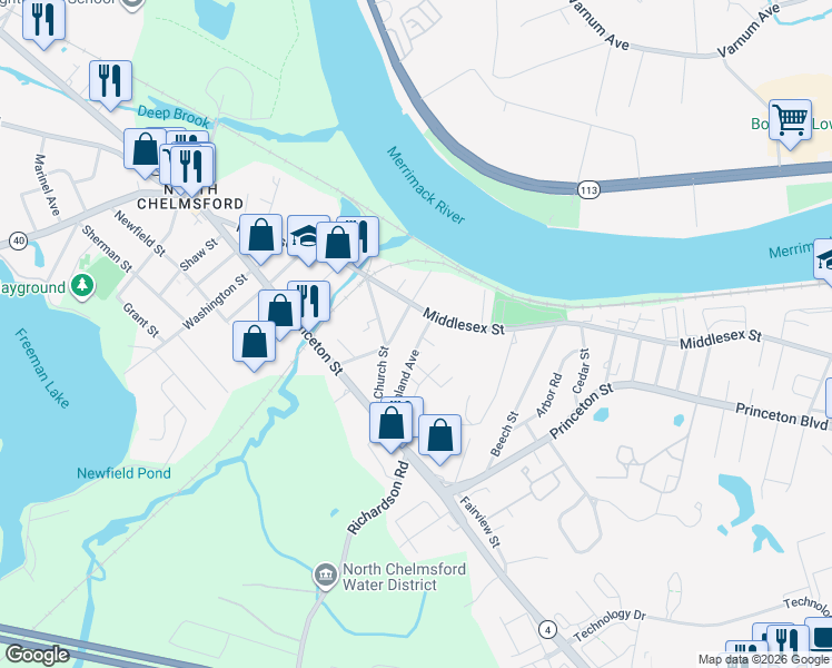 map of restaurants, bars, coffee shops, grocery stores, and more near 5 Highland Avenue in Chelmsford