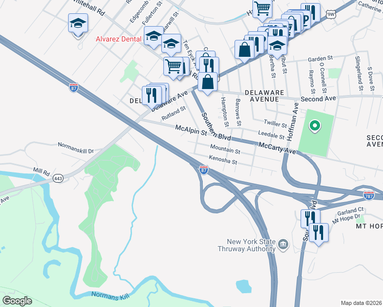 map of restaurants, bars, coffee shops, grocery stores, and more near 390 Mountain Street in Albany