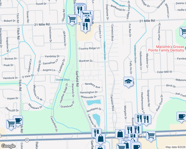 map of restaurants, bars, coffee shops, grocery stores, and more near 4625 Cavalier Drive in Macomb