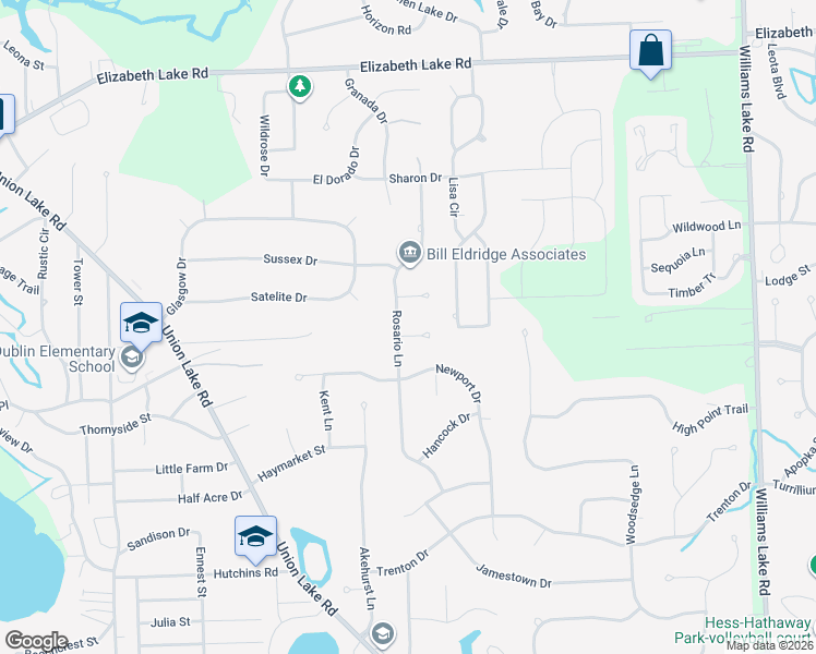 map of restaurants, bars, coffee shops, grocery stores, and more near 381 Rosario Lane in White Lake charter Township