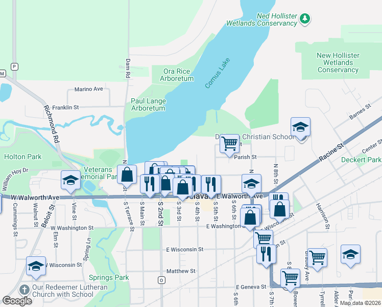 map of restaurants, bars, coffee shops, grocery stores, and more near 235 North 4th Street in Delavan