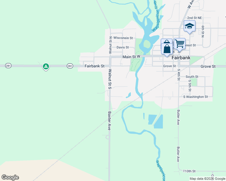 map of restaurants, bars, coffee shops, grocery stores, and more near 400 Walnut Street South in Fairbank