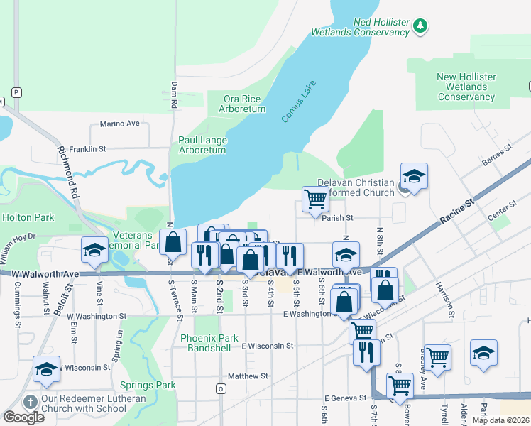 map of restaurants, bars, coffee shops, grocery stores, and more near 230 North 4th Street in Delavan