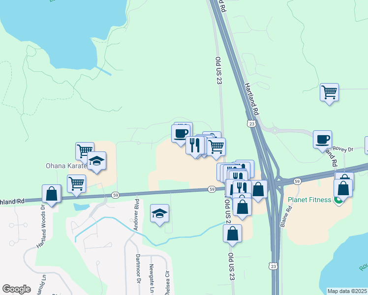 map of restaurants, bars, coffee shops, grocery stores, and more near 10025 East Highland Road in Howell