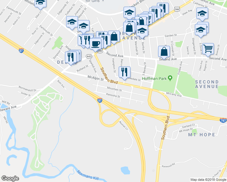 map of restaurants, bars, coffee shops, grocery stores, and more near 354 Mountain Street in Albany