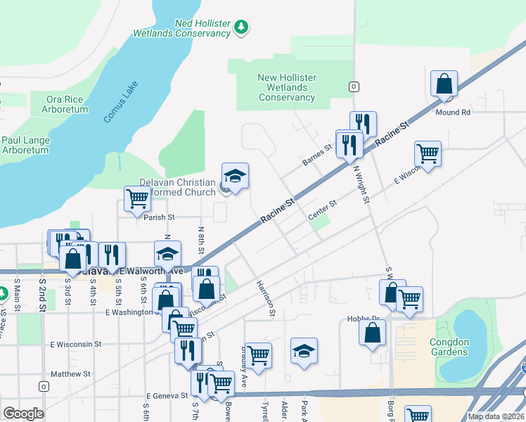 map of restaurants, bars, coffee shops, grocery stores, and more near 965 Racine Street in Delavan
