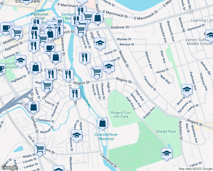 map of restaurants, bars, coffee shops, grocery stores, and more near 499 High Street in Lowell