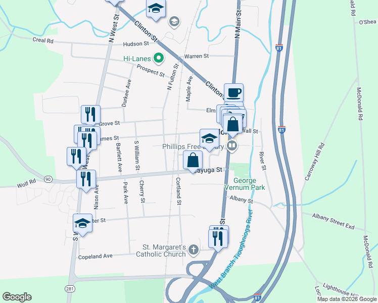 map of restaurants, bars, coffee shops, grocery stores, and more near 1 Academy Avenue in Homer