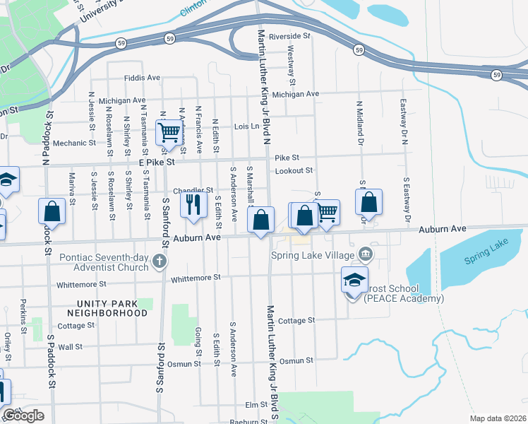 map of restaurants, bars, coffee shops, grocery stores, and more near 77 South Marshall Street in Pontiac