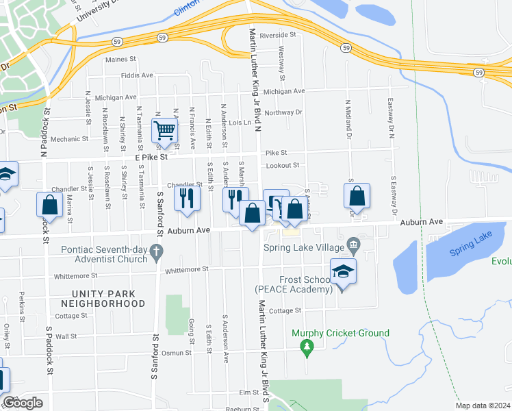 map of restaurants, bars, coffee shops, grocery stores, and more near 84 Martin Luther King Junior Boulevard South in Pontiac