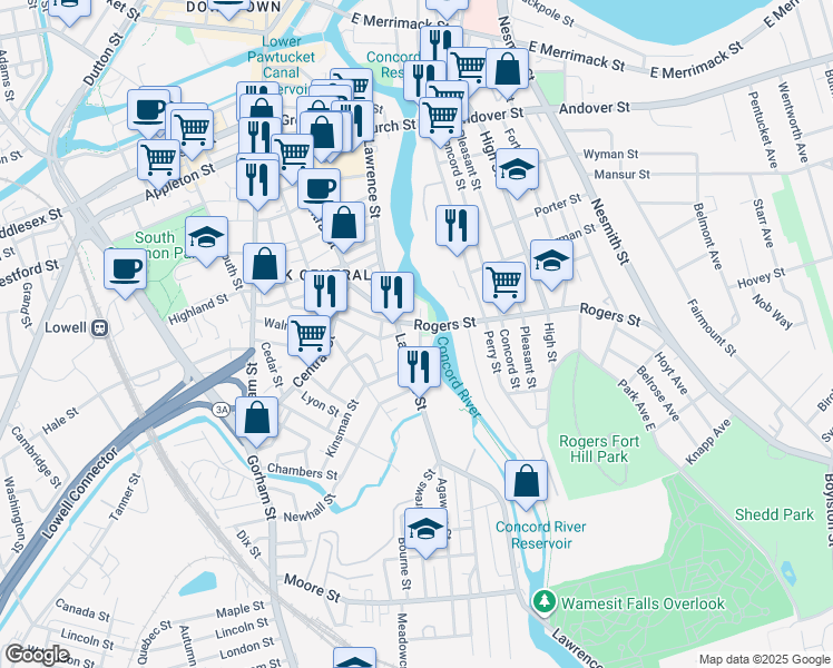map of restaurants, bars, coffee shops, grocery stores, and more near 33 Merrill Street in Lowell