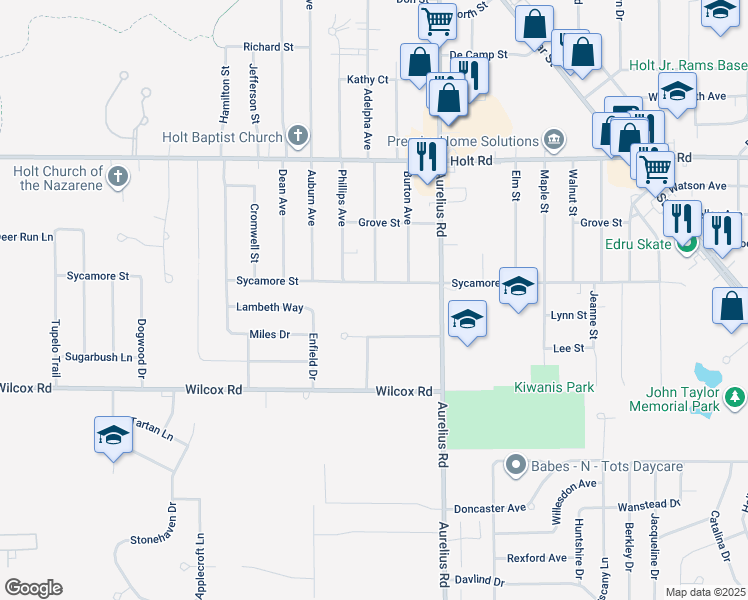 map of restaurants, bars, coffee shops, grocery stores, and more near 4575 Sycamore Street in Holt