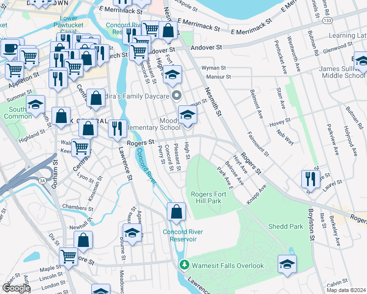 map of restaurants, bars, coffee shops, grocery stores, and more near in Lowell