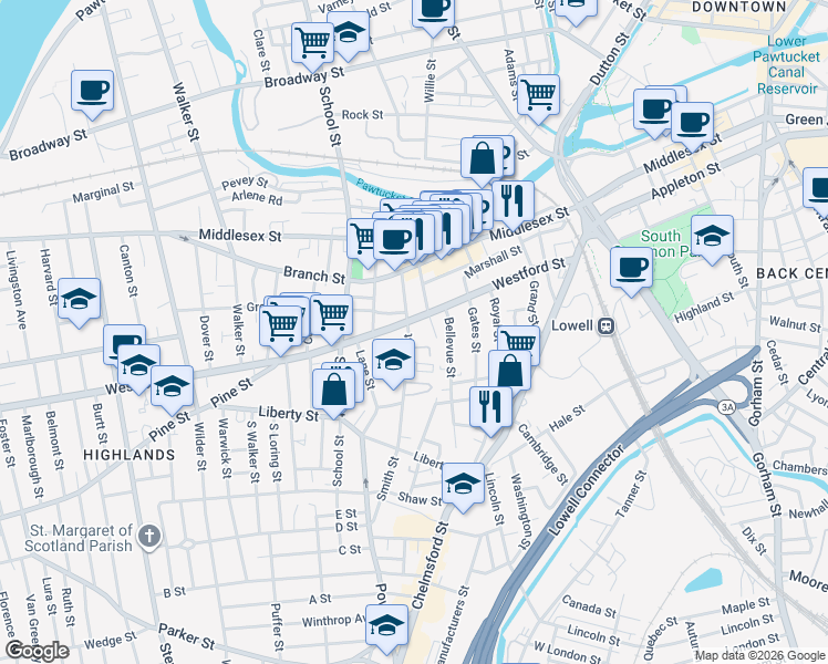 map of restaurants, bars, coffee shops, grocery stores, and more near 176 Westford Street in Lowell